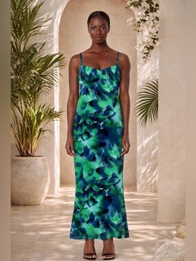 Floral Bodycon Maxi Dress Green Blue Spaghetti Strap NWT Size S